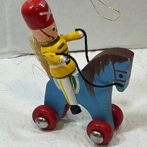 VTG Wooden Toy Soldier on Horse Rolling Wheels Christmas Ornament Movable 3"x4"